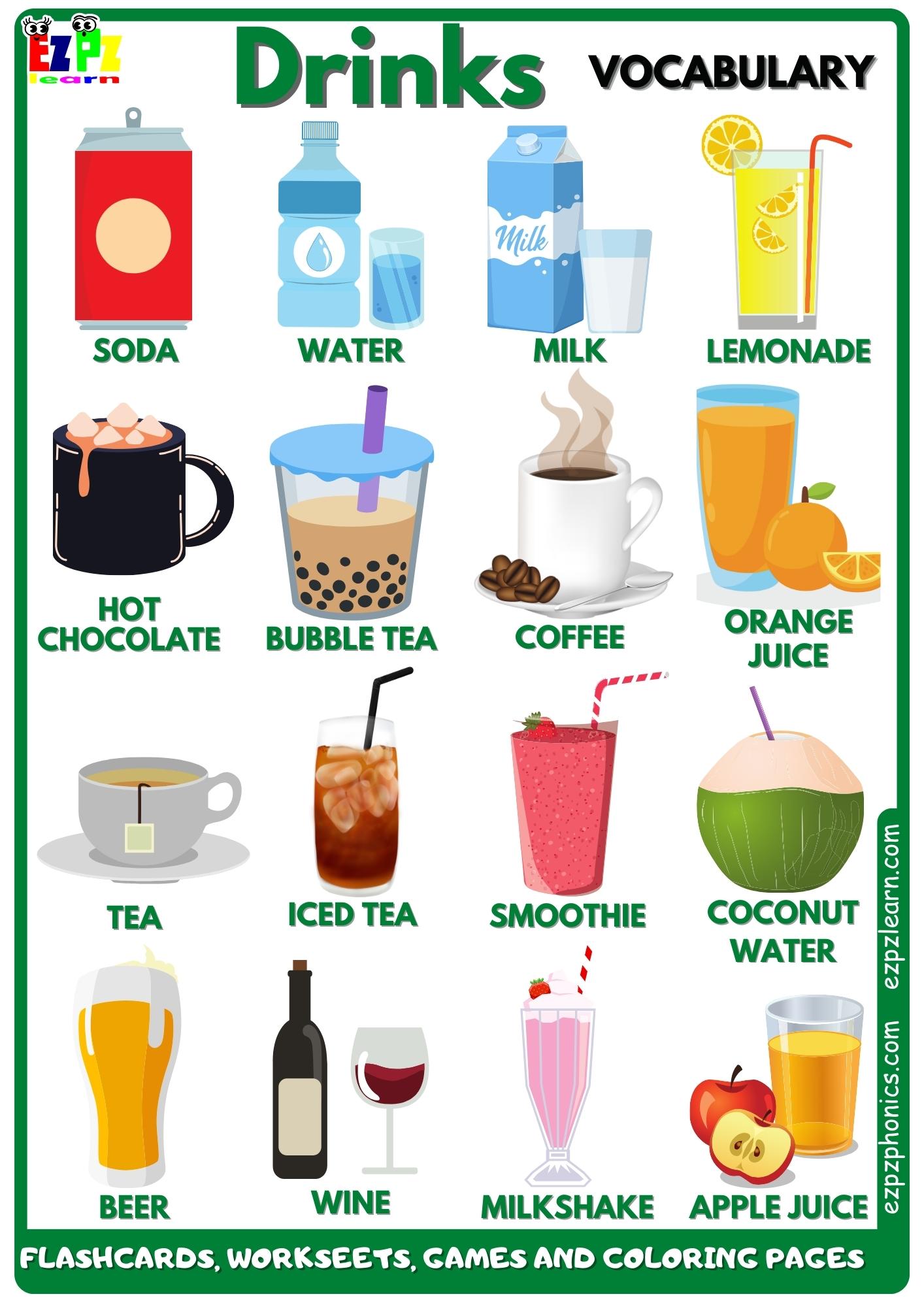 Drinks Vocabulary Free English Vocabulary Resources Flashcards, Worksheets, Coloring Pages, Games and More for ESL